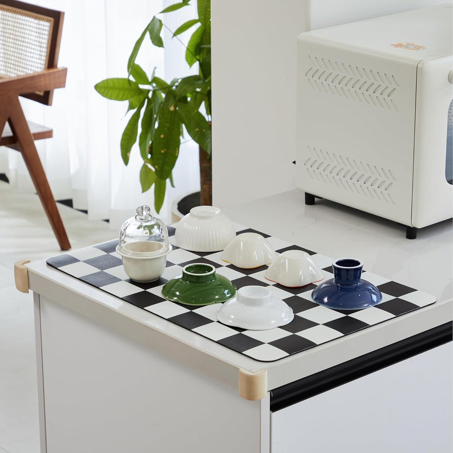 Checkered Dish Drying Mat for Kitchen Counter, Coffee Bar Station Accessories, Retro Cute Aesthetic Modern Absorbent Drainer Mat Kitchen Drying Mat Easy Clean, Black 16" x 24"