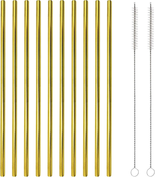 10 Pcs Stainless Steel Straws, Reusable Drinking Straws, Straight Metal Straw Sets with 2 Pcs Cleaning Brushes (10.5 Inch, Gold)