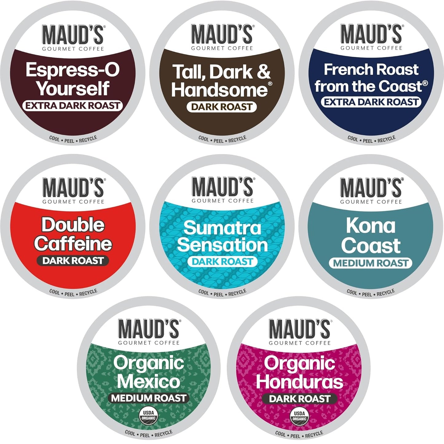 Maud's Bold Dark Roast Coffee Pods Variety Pack, 40 ct, 8 Assorted Dark Roast Flavors in Recyclable Single Serve Pods – 100% Arabica Coffee, Compatible with Keurig K Cups Maker
