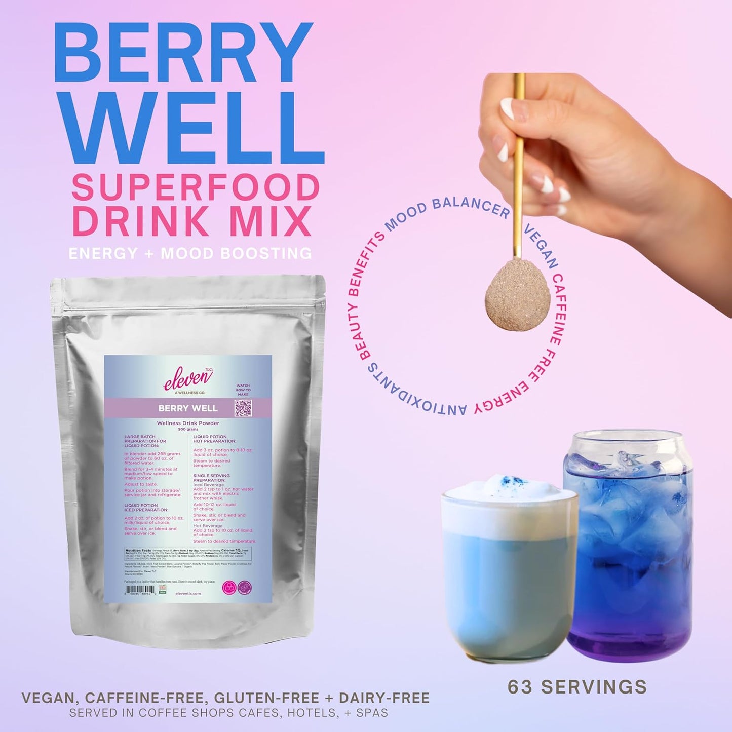 Eleven TLC, Berry Well Superfood Wellness Drink Latte + Mix, Caffeine-Free, or Herbal Tea, Blue Spirulina, Blue Butterfly Pea Flower, Organic Maca, Keto Friendly, Vegan, 63 Servings