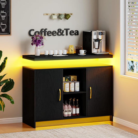 4 EVER WINNER LED Coffee Bar Cabinet, Sideboard Buffet Cabinets with Storage, Modern Cabinet with Charging Station, Black Coffee Bar for Kitchen, Dining Room