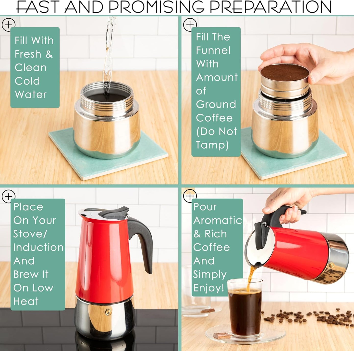 Mixpresso Red 6 Cup Greca Stovetop Espresso Pot 300ml/10oz, Moka Pot with Coffee Percolator Design, Stainless Steel Stove Top Coffee Maker for Camping or Home Use,Italian Stovetop Espresso Maker