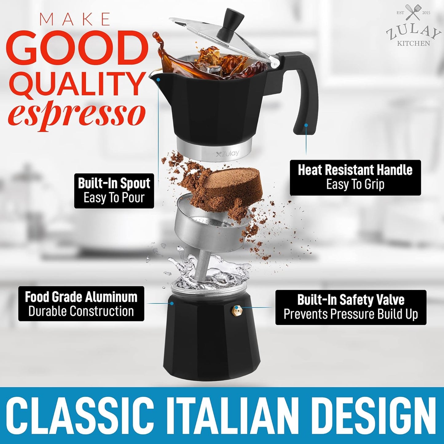 Zulay Classic Stovetop Espresso Maker for Great Flavored Strong Espresso, Classic Italian Style 3 Espresso Cup Moka Pot, Makes Delicious Coffee, Easy to Operate & Quick Cleanup Pot (Black)