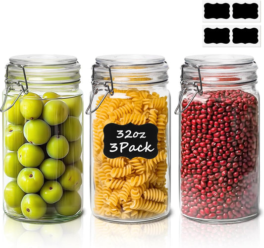 ComSaf Glass Jars with Airtight Lid Set of 3, Mason Jars 32 oz, Pickling Jar, Canning Jar 32oz, 32 oz Glass Containers with Lids for Kitchen, Pickle, Flour, Cereal, Pasta, Sugar, Herb
