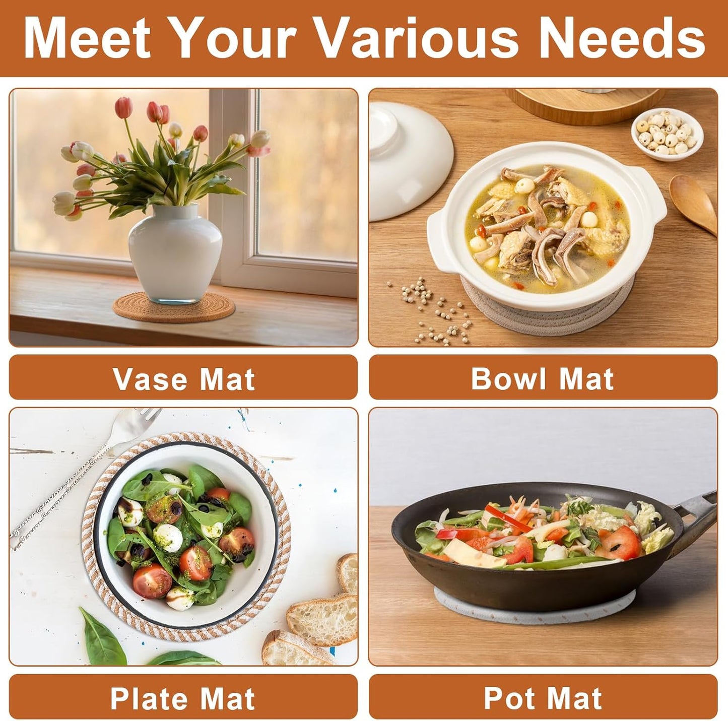 7 Inch Trivets for Hot Dishes, Pots and Pans, 5 Heat Resistant Pot Holders for Kitchen, Home Essentials, Hot Pads for Countertop and Table, Farmhouse Decor Vase Mats, Brown