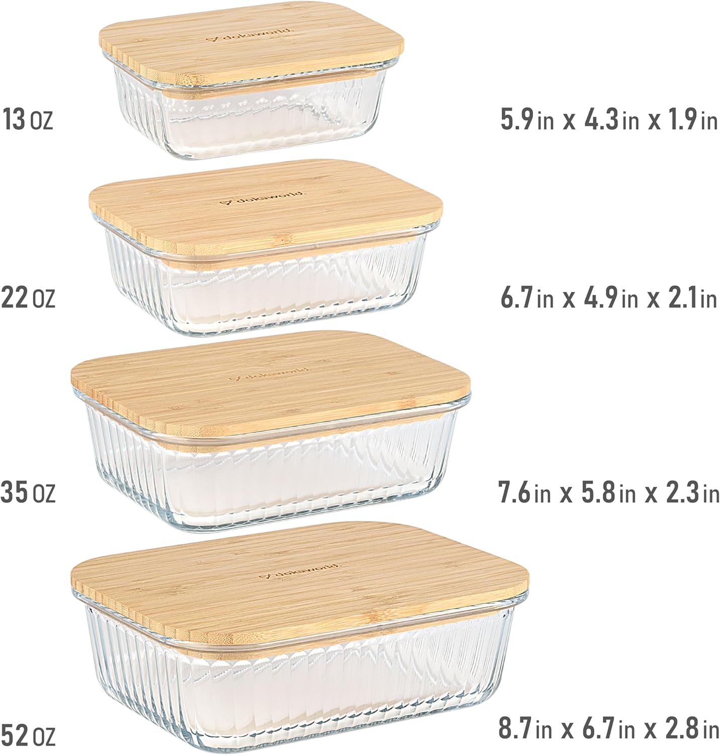 Ribbed Glass Tupperware Set with Bamboo Lids - 4 Stackable Meal Prep Containers. Durable heat resistant Inert Borosilicate Glass