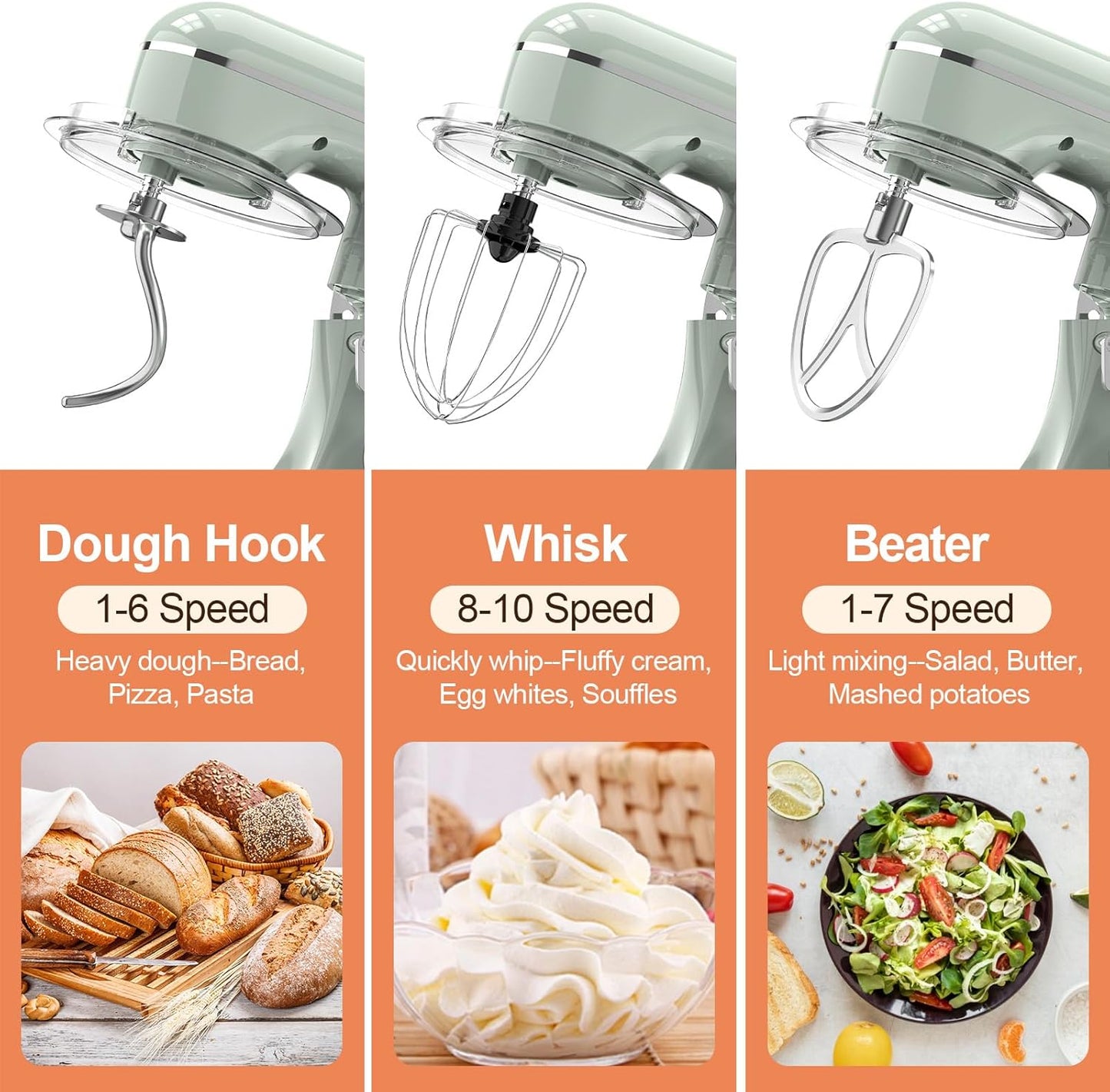 3-IN-1 Electric Stand Mixer, 6.5QT Bowl 660W 10-Speed Kitchen Mixer, Household Food Mixers include Dough Hook, Beater and Whisk, Bread Cake Mixer for Baking and Most Home Cooks, Green