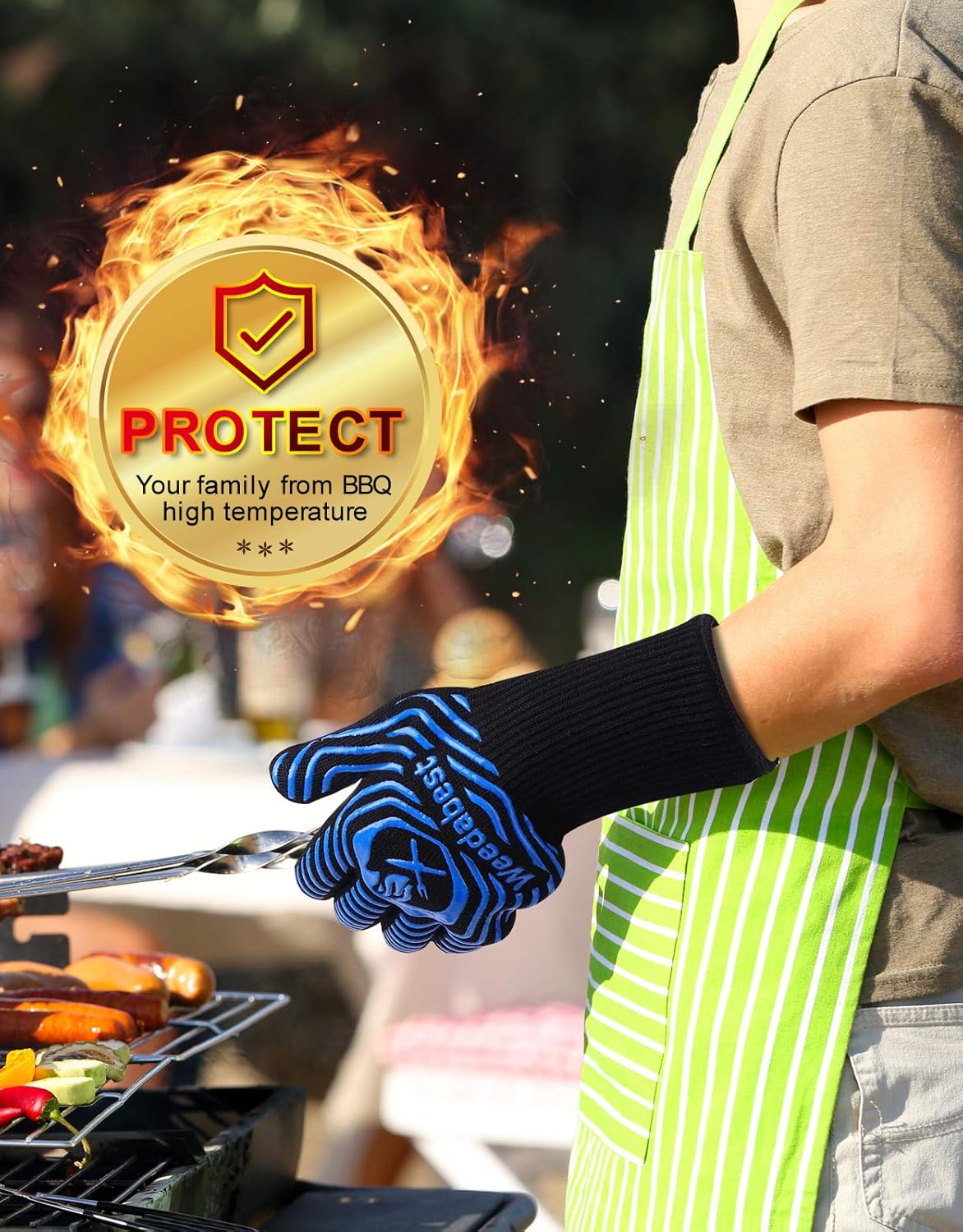 WEEDABEST Hot BBQ Gloves Heat Resistant Kitchen Oven Mitts Professional Long Heat Resistant Cooking Gloves for Grill,Grilling,Smoker,Barbeque,13.5 inch-Blue