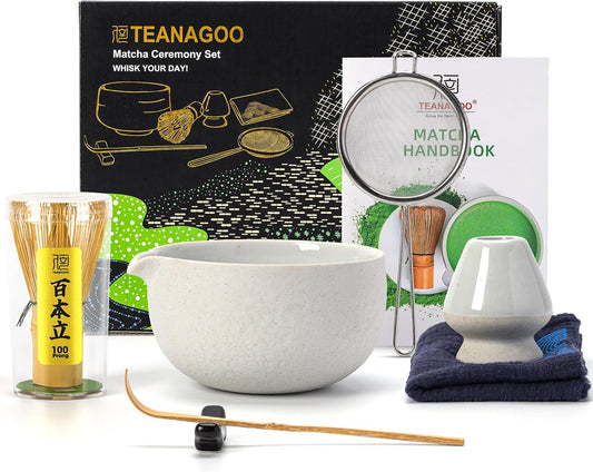 TEANAGOO Matcha Whisk Set,7 Pcs Matcha Set Lt.Grey,Matcha Kit for Ceremony,Matcha Tea Set for Making Breakfast/Latte,Matcha Whisk Set and Bowl with All Accessories,Gift for Matcha Lover/Friend/Family
