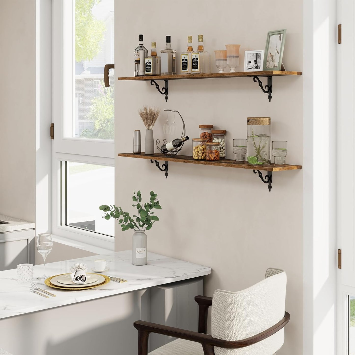 RICHFOCUS Floating Shelves for Wall Decor, 47.3W x 8D Wall Shelves Set of 2, 8 Inch Deep Rustic Wood Shelves Wall Mounted with Brackets, Long Shelves for Living Room Bedroom Kitchen, Rustic Brown