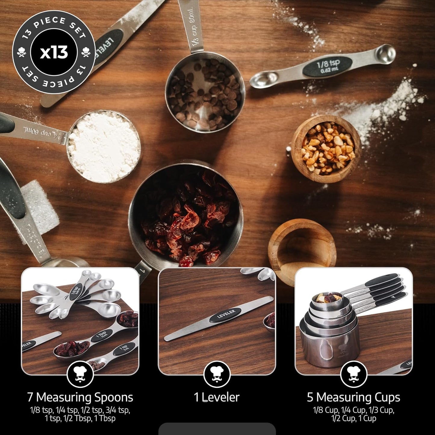 GRUMPY CHEF Stainless Steel Measuring Cups and Spoons Set with Magnetic Leveler – 13-Piece Nesting Set, Dual-Sided Magnetic Spoons, Flat Bottom Design for Stability – Rust-Resistant, Dishwasher Safe