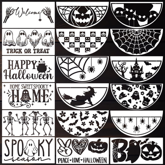 Halloween Stencils for Painting on Wood 12” Halloween Doormat Stencils Ghost Boo Witches Spider Bats Draw Templates for Porch Hanger Door Mats Fabrics DIY Crafts Decor