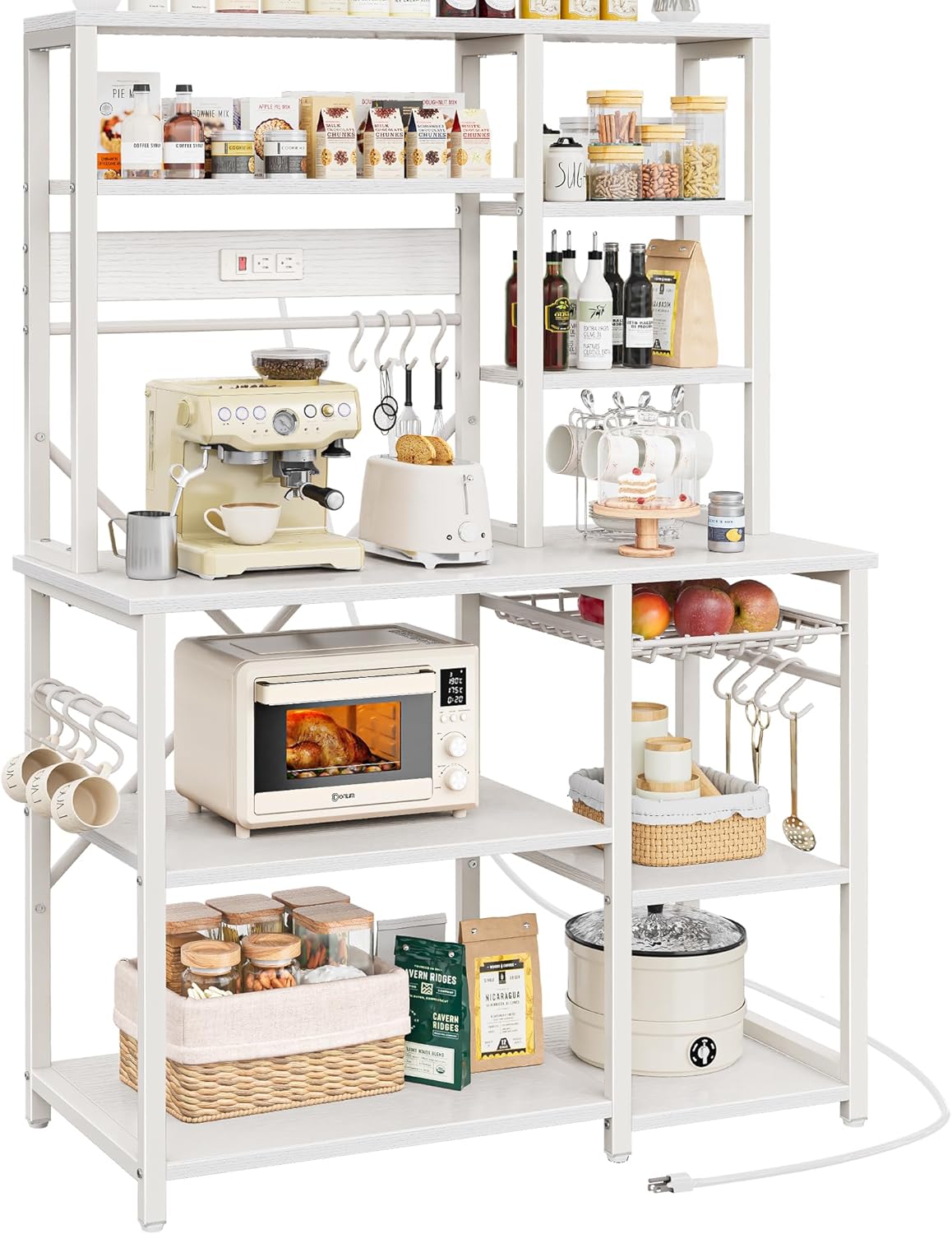 SUPERJARE Large Bakers Rack with Power Outlets, 6-Tier Microwave Stand, Coffee Bar with 12 S-Shaped Hooks, Kitchen Shelf with Wire Basket, 39.3 x 15.5 x 66.9 Inches, White