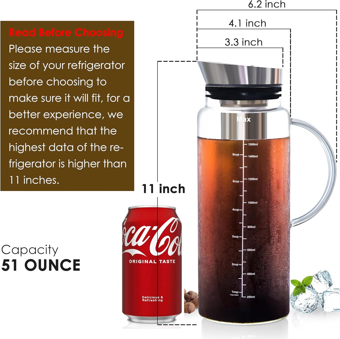 Aquach Cold Brew Coffee Iced Tea Maker & Fruit Pitcher - Large Capacity 51 Ounces - with Durable Glass Carafe/Fine Mesh Steel Infuser/Airtight Lid