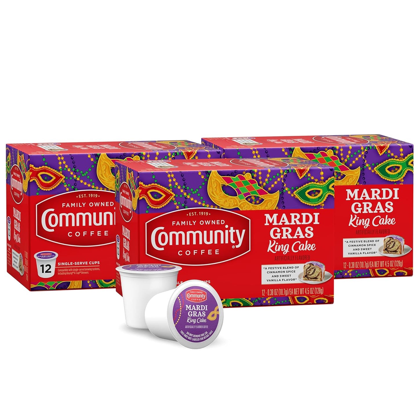 Community Coffee Mardi Gras King Cake Flavored 36 Count Coffee Pods, Medium Roast, Compatible with Keurig 2.0 K-cup Brewers, 12 Count (Pack of 3)