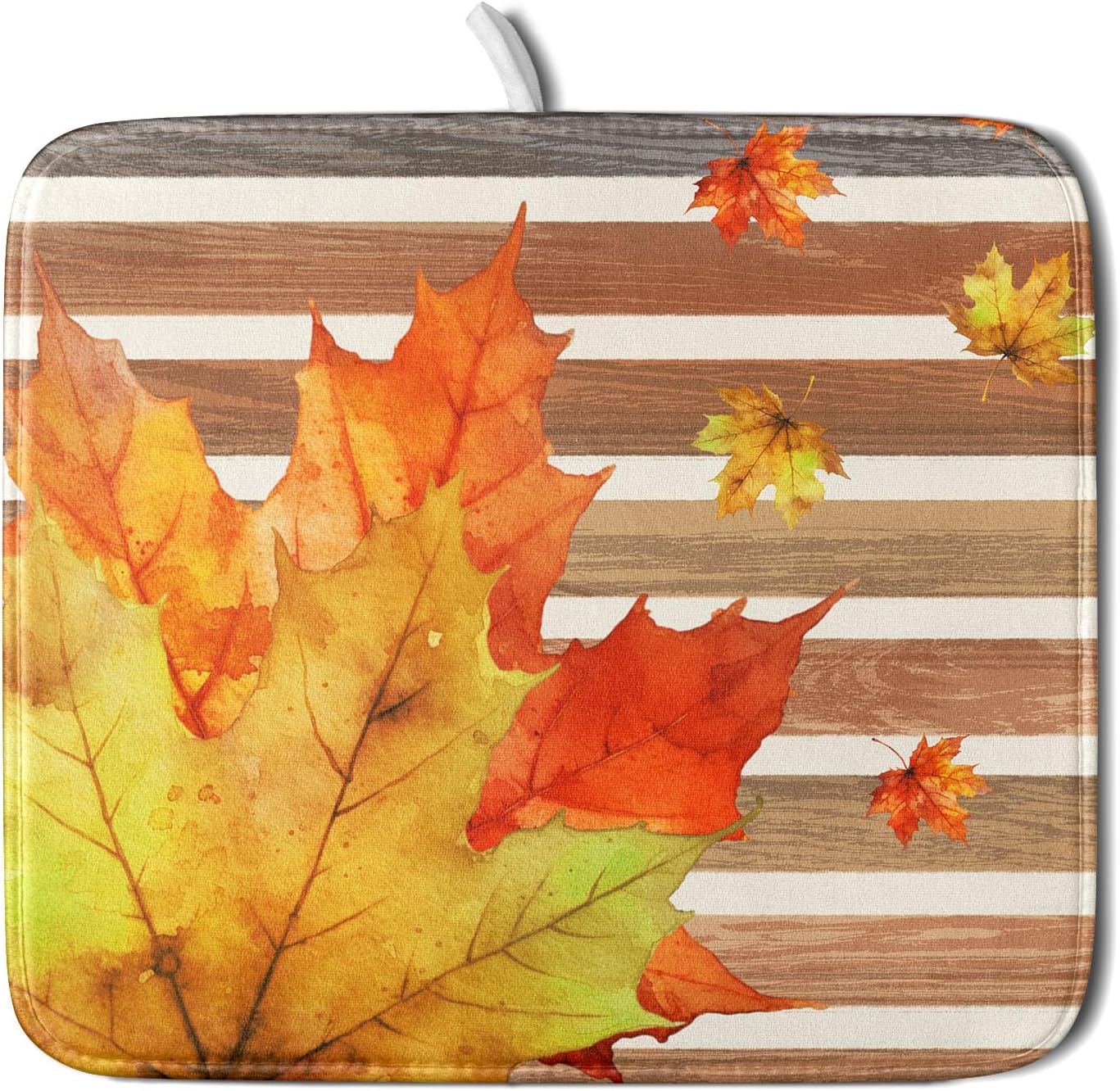 Autumn Golden Maple Leaf Dish Drying Mat for Kitchen Counter,Rural Wood Light Brown Stripes Drying Mat 16 x 18 Inch Microfiber Dish Drying Pad Dish Rack Drainer Mat for Coffee Bar