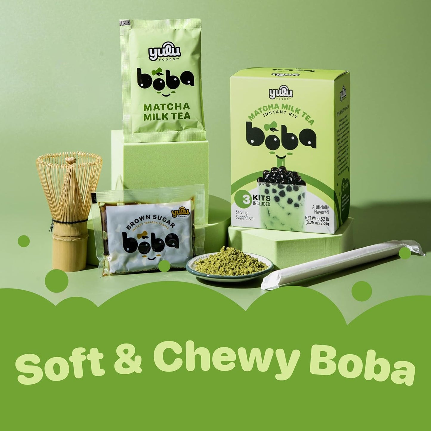 Matcha Latte Instant Bubble Pearl Matcha Milk Tea Kit with Authentic Brown Sugar Tapioca Pearls, Ready in Under One Minute, Paper Straws Included – 3 Servings Yulu Foods