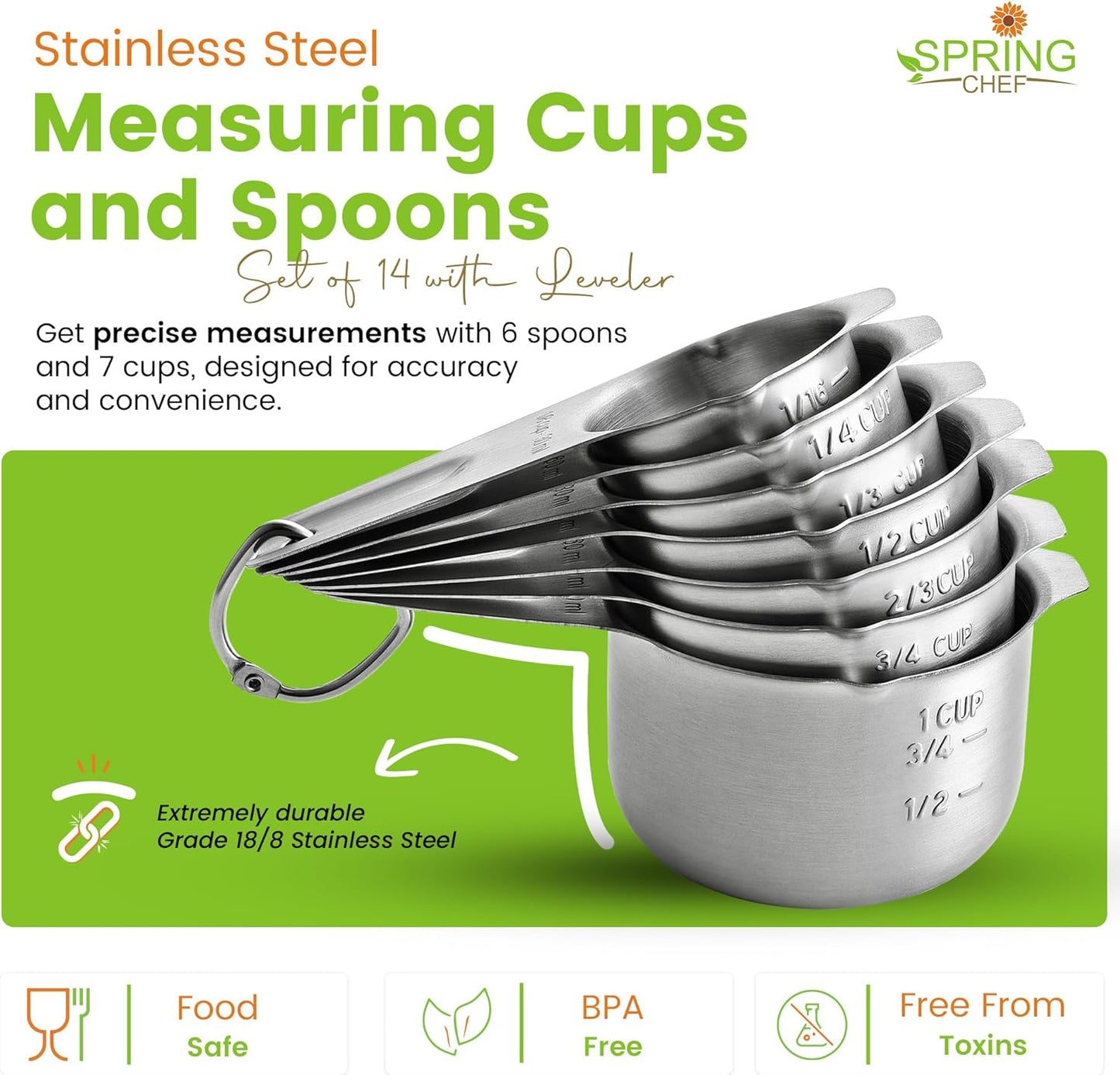 Spring Chef Stainless Steel Measuring Cups and Spoons Set of 14 with Leveler, Nesting Kitchen Metal Measuring Cups and Spoons Set for Dry and Liquid Ingredients, Perfect for Cooking & Baking