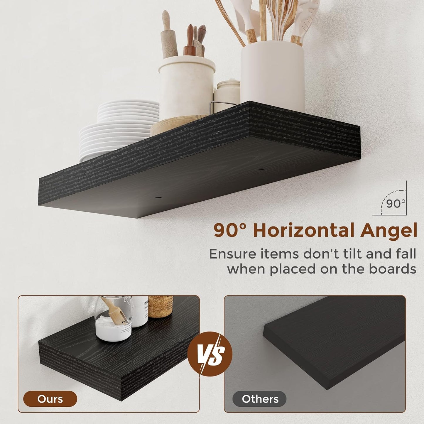 Heimlove 24 Inch Floating Shelves for Wall Black Shelves Set of 2,Wall Mounted Rustic Wood 8 Inch Deep Floating Shelf with Invisible Brackets for Bedroom Kitchen Living Room