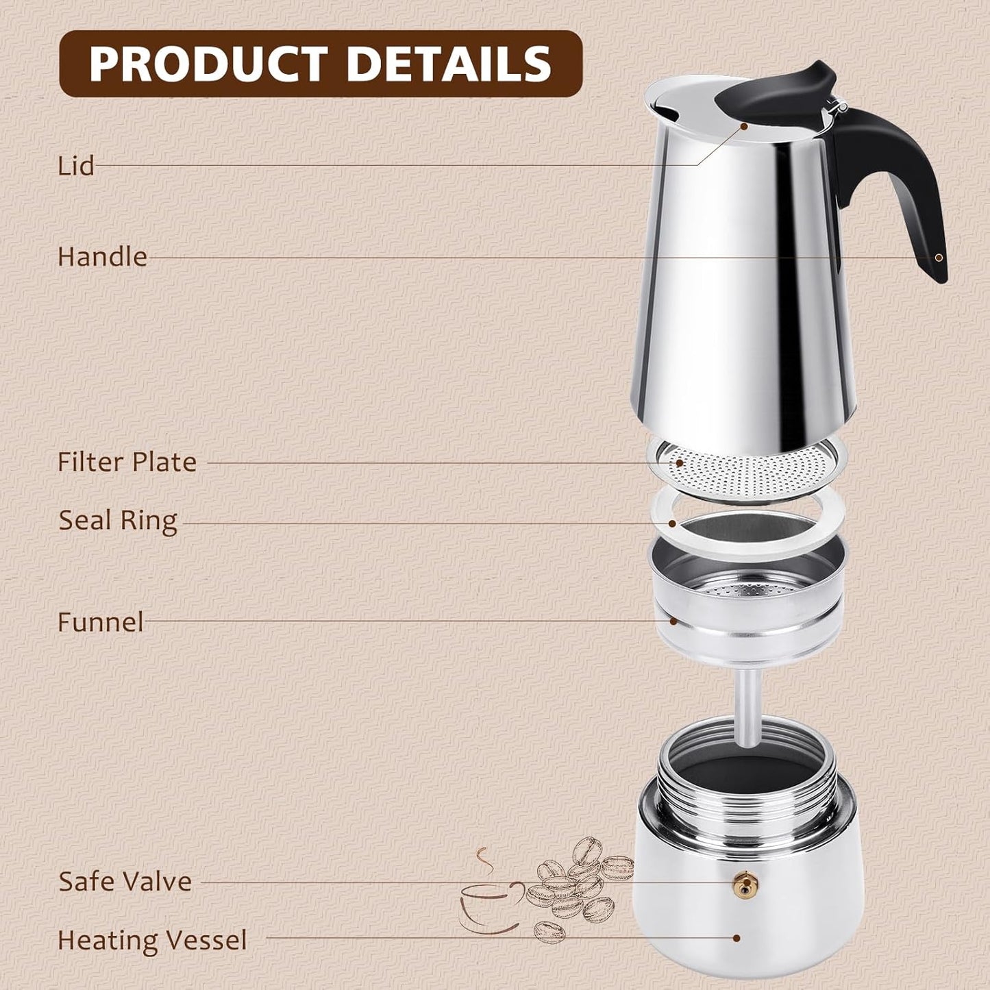Stovetop Espresso Maker, 9 cup Moka Pot, Italian Coffee Maker Percolator, Stainless Steel Espresso Pots, 450ml/15oz(Espresso Cup=50ml/1.7oz) Coffee Pot Cafe Maker for Induction Cookers, Hobs