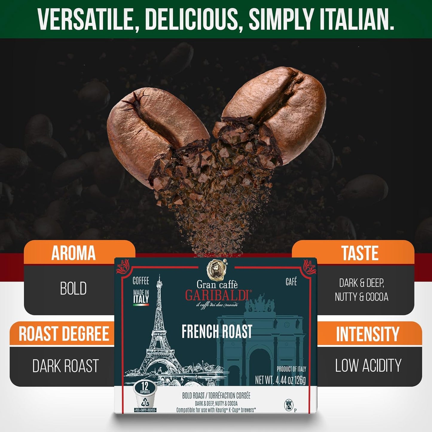 Caffè Garibaldi French Roast Coffee Pods, Single-Serve Capsules for Keurig K-Cup Brewers, Single Serve Cups, 100% Arabica Blend for Coffee Makers, 12 Count Recyclable Pods - Dark Roast