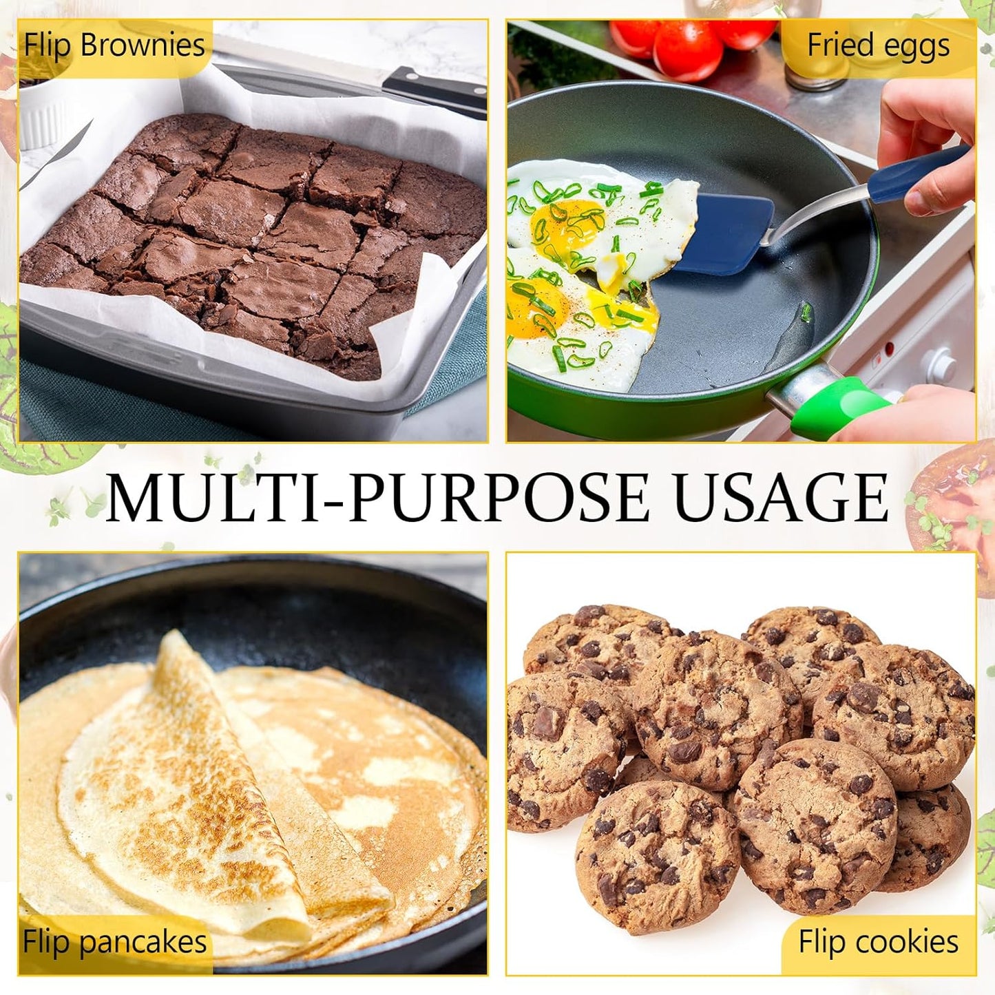 Silicone Cookie Spatula Turner 2 Pack Mini Brownie Spatula Flexible Kitchen Small Silicone Turner for Nonstick Cookware Heat Resistant No Scratch Flipper for Egg Pancake(Black,Blue)