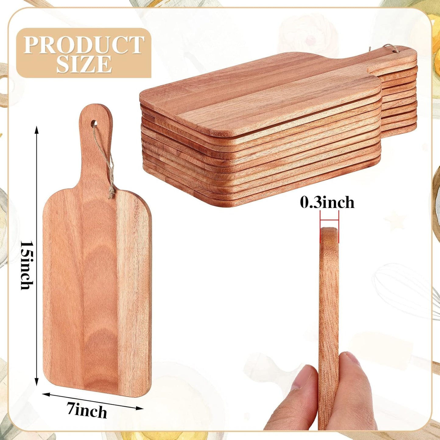Patelai 12 Packs Wooden Cutting Board Set with Handles Large Kitchen Serving Plain Chopping Board Bulk Gifts for Mom for Vegetables Meat Pizza Cheese Fruit Bread(Walnut,15 x 7 Inch)