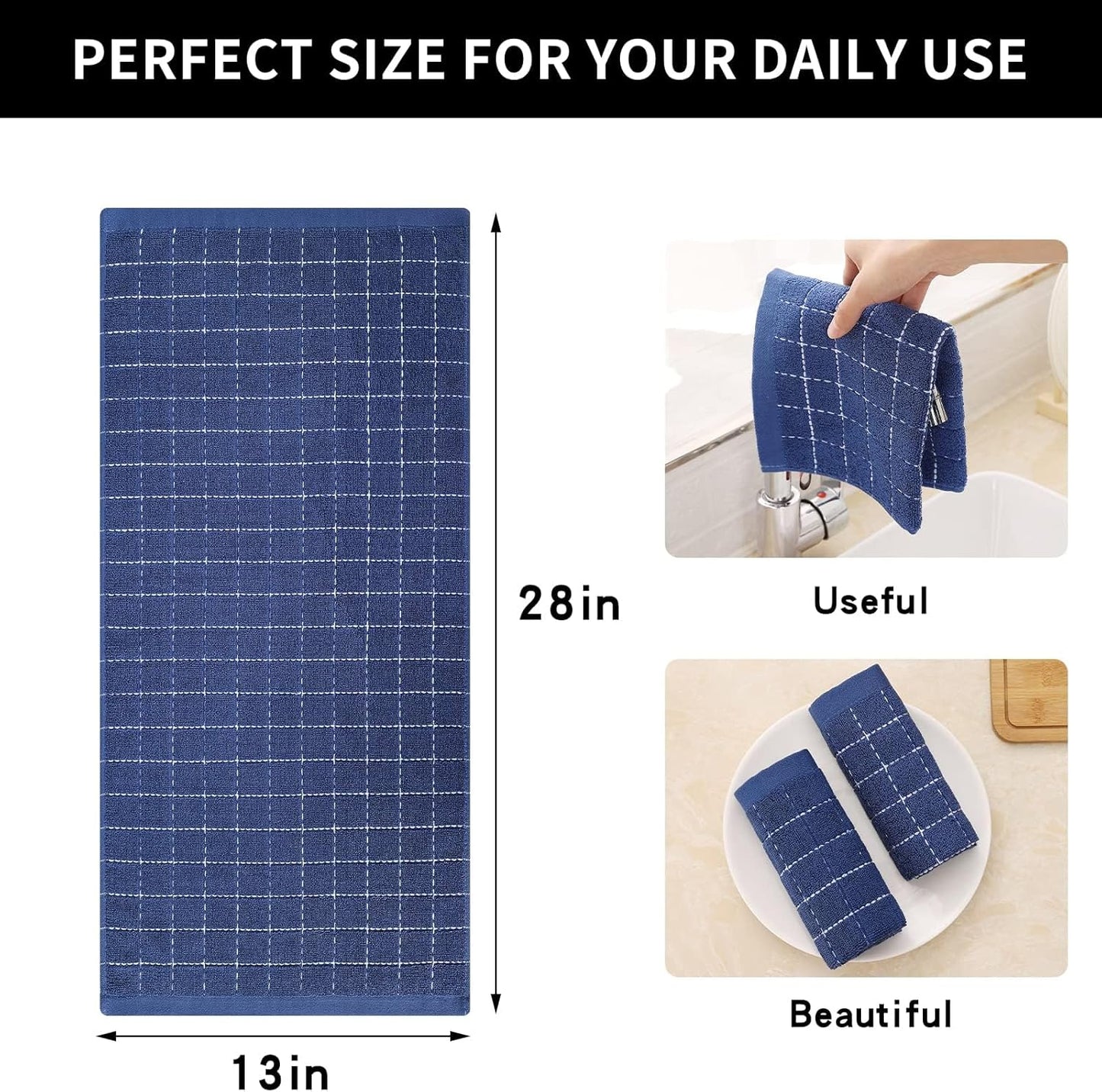 Homaxy 100% Cotton Terry Kitchen Towels(Navy Blue, 13 x 28 inches), Checkered Designed, Soft and Super Absorbent Dish Towels, 12 Pack