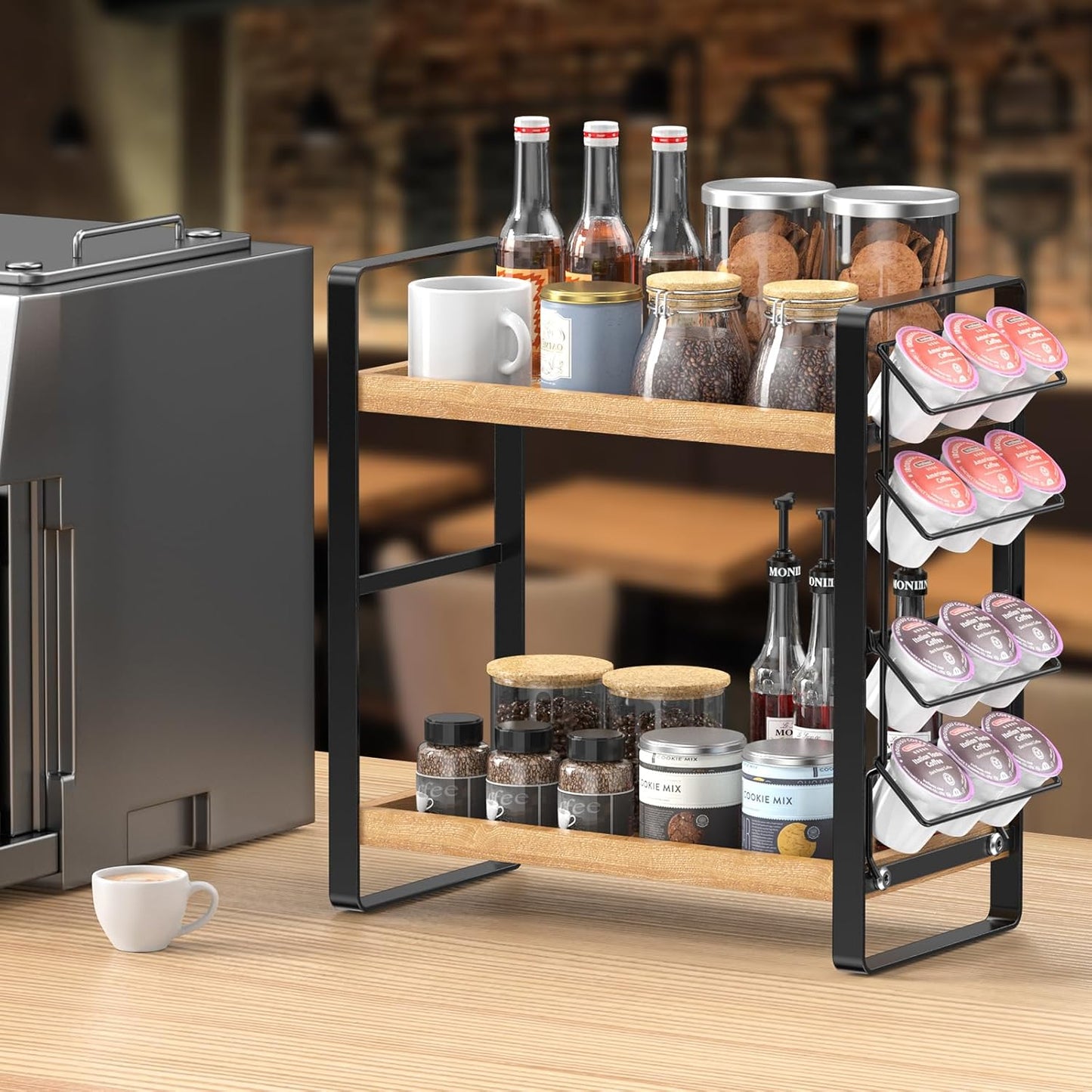 LEMIKKLE Coffee Station Organizer for Counter,Condiment Storage Caddy for Kitchen,2 Tier Wooden Shelf for Coffee Bar Accessories,Coffee Bar Organizer for Kitchen, Home, Office-Brown