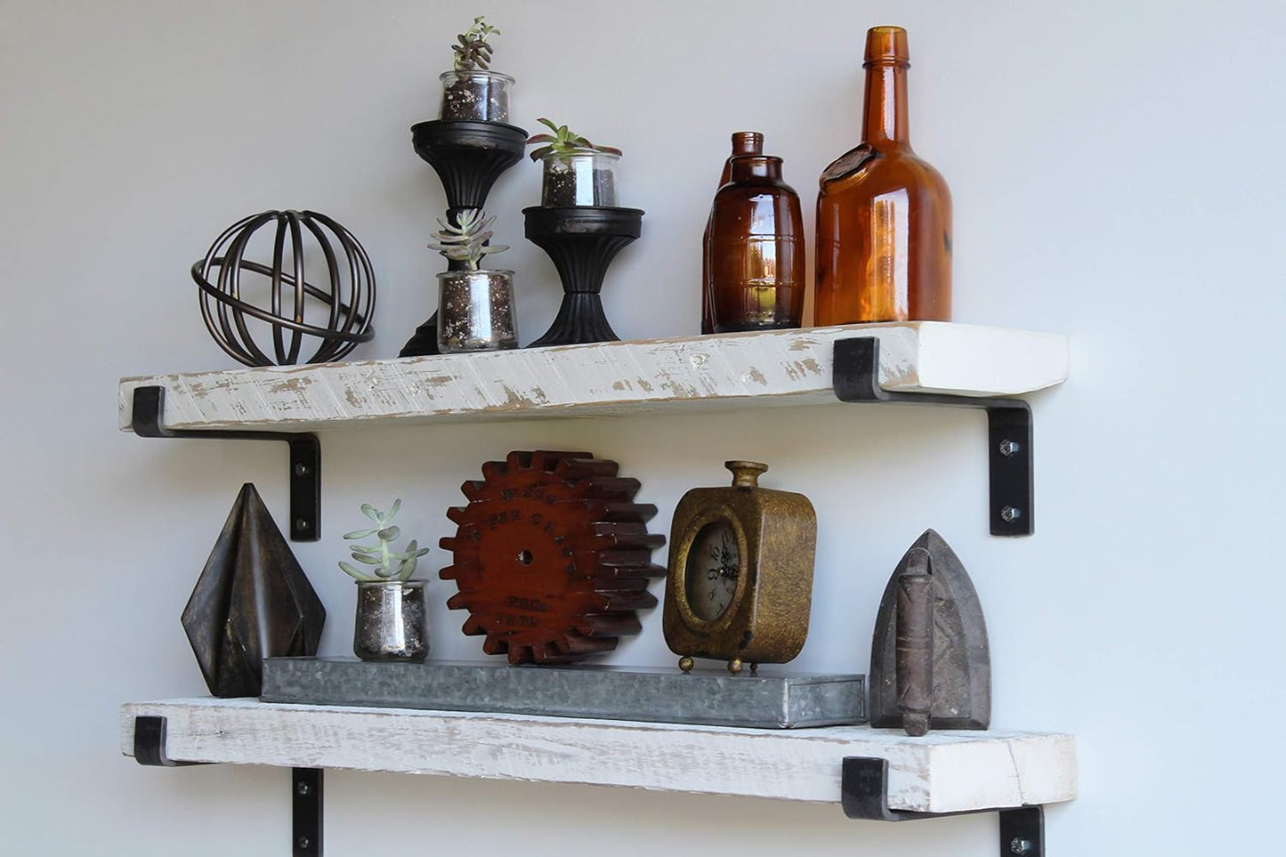 Urban Legacy Accent Shelves | Reclaimed Barn Plank | Set of 2 with Full Brackets (White Wash 40" x 7" x 2")