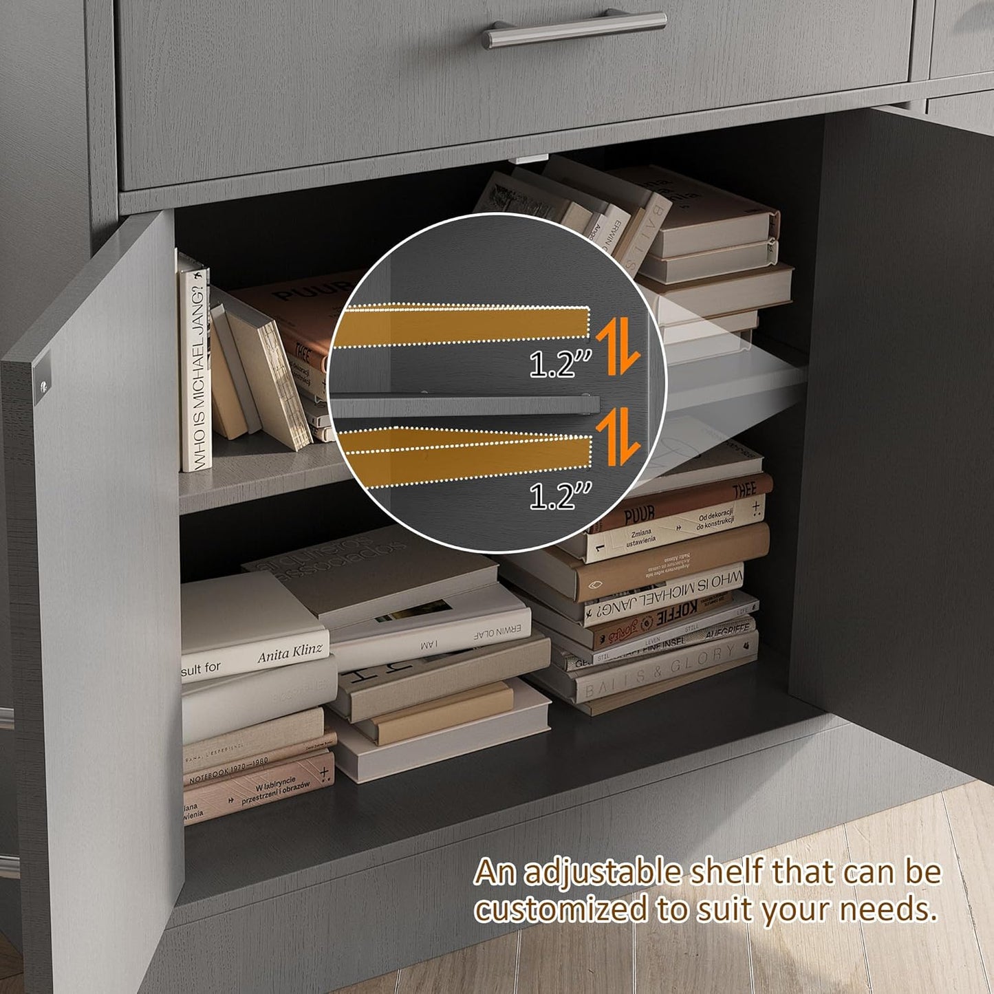 Vongrasig 43” Sideboard Buffet Cabinet with Storage, Farmhouse Coffee Bar with Drawers and Shelves, Wood Buffet Table for Kitchen Dining Room, Living Room, Grey