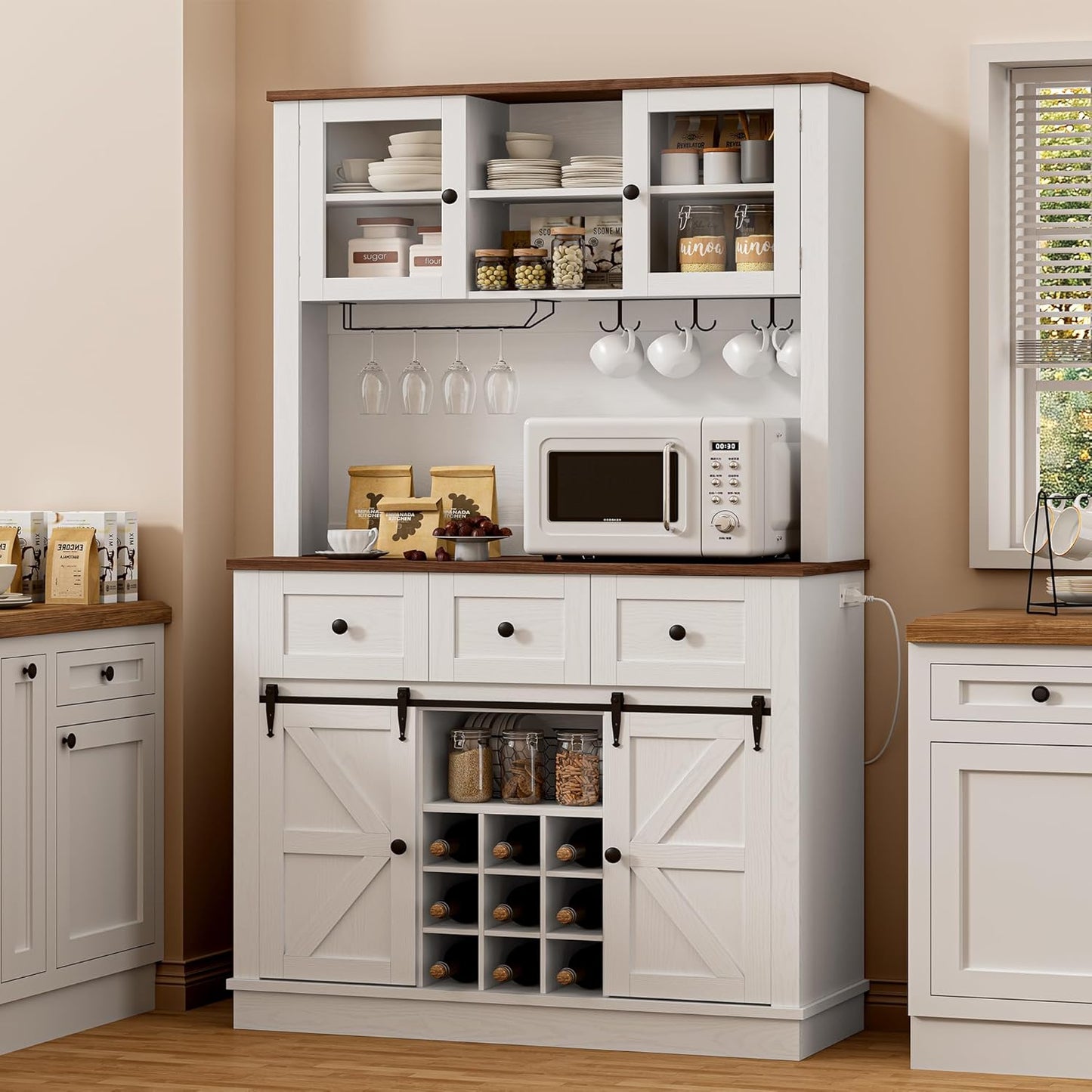 IRONCK 72'' Coffee Bar Cabinet with Storage, Large Kitchen Hutch with Power Outlet & LED Light, Tall Bar Cabinets with 3 Drawers & Wine Glass Rack, Sliding Barn Door China Cabinet for Home, White