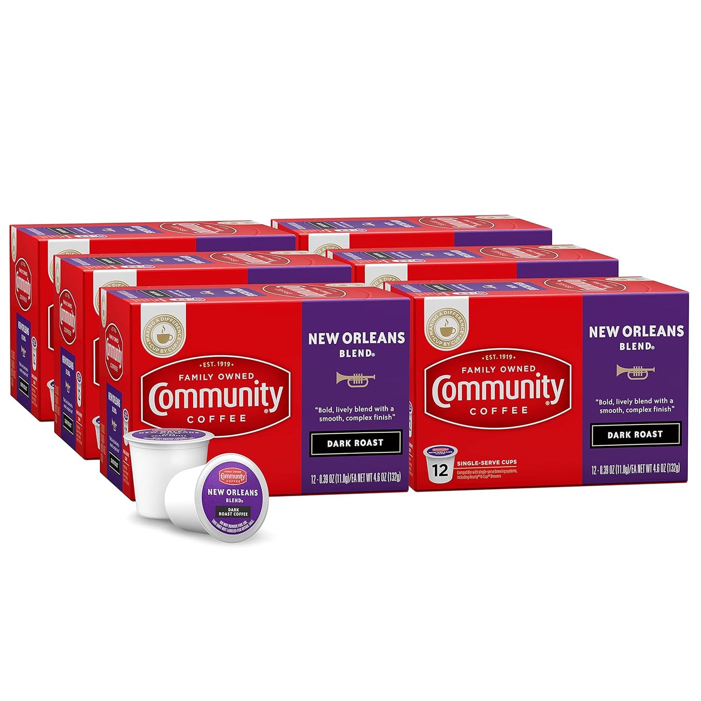 Community Coffee New Orleans Blend 72 Count Coffee Pods, Special Dark Roast, Compatible with Keurig 2.0 K-Cup Brewers, 12 Count (Pack of 6)