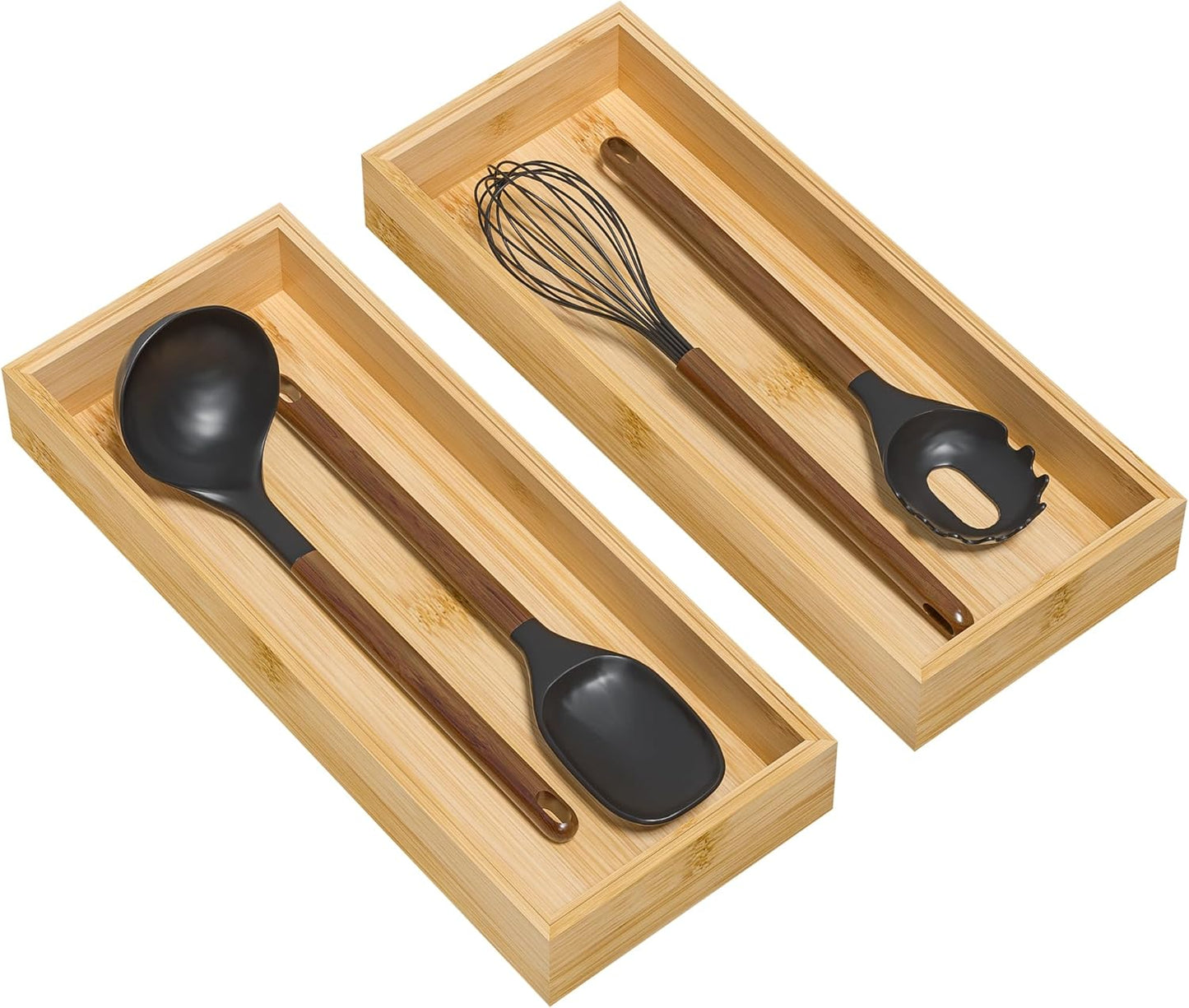 Bamboo Kitchen Drawer Organizer, Stackable Utensil Holder Silverware Organizer Cutlery Tray - 2PCS Organizer Bins for Makeup Jewelries Flatware in Bathroom, Office Desk, Cabinets, 15x6x2 inch