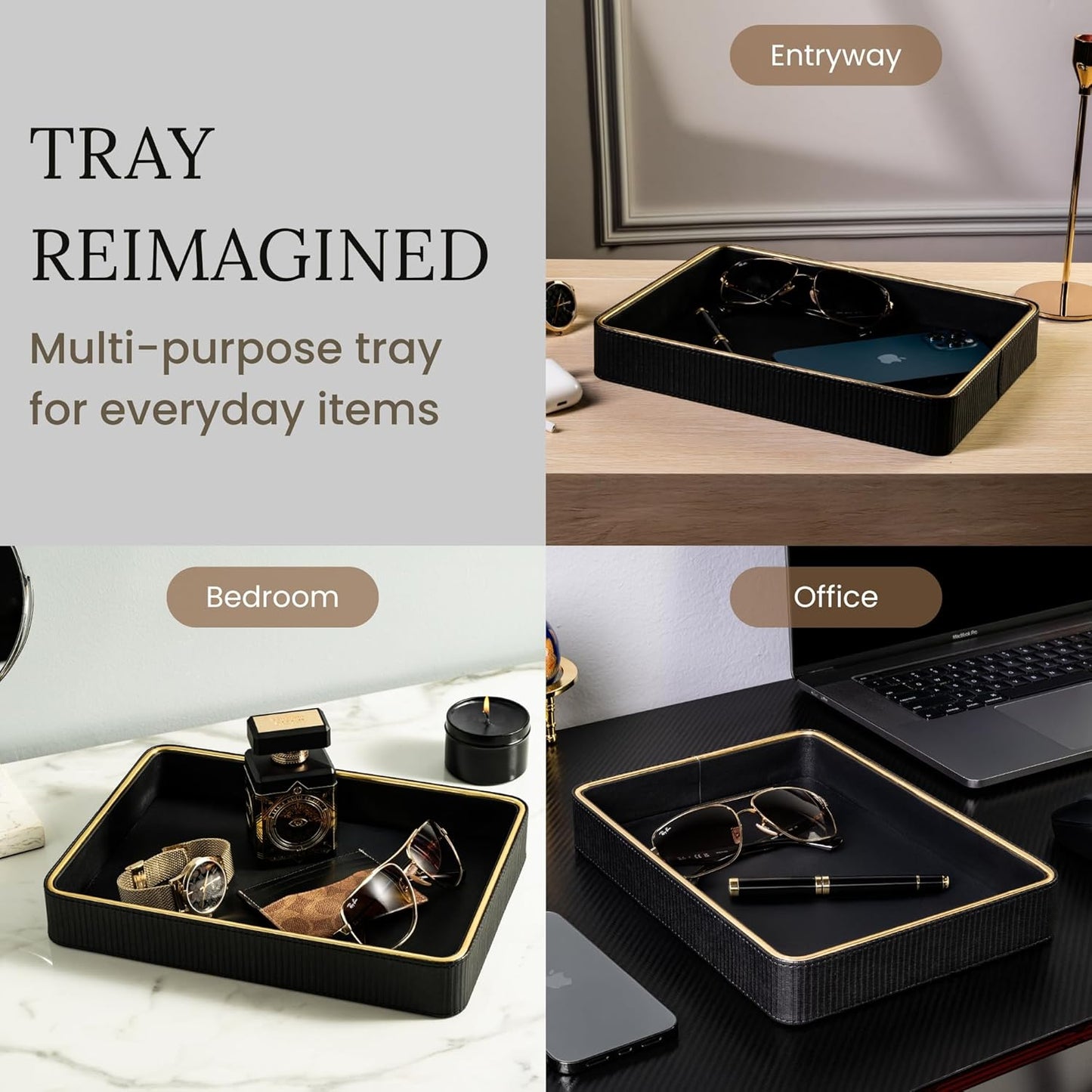 Black Leather Valet Tray for Men| Mens Valet Catch All Trays| Bedside Organizer for Nightstand| Cologne Tray for Men| Desk Trays