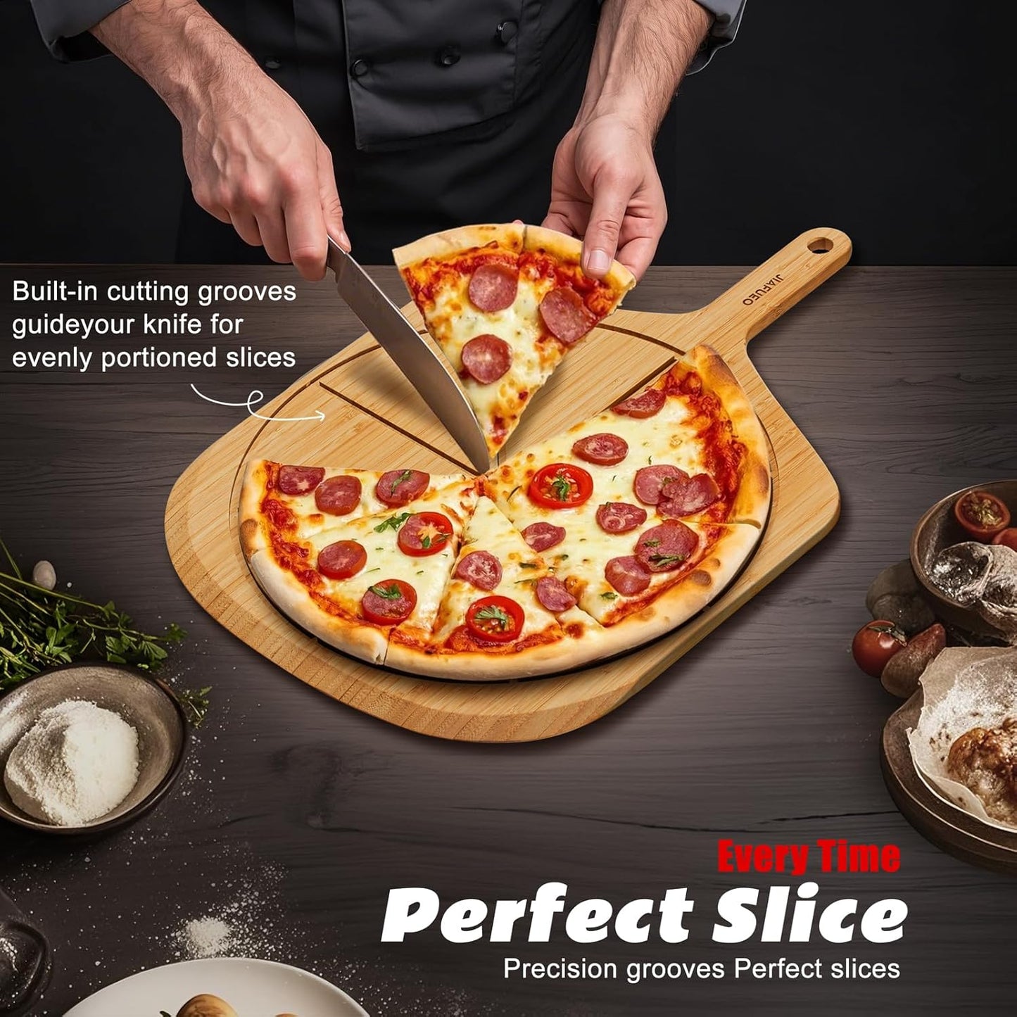 Wood Pizza Peel 16 Inch Pizza Paddle Spatula Serving Board Bamboo Pizza Cutting Boards with 8 Slice Grooves and Handle for Kitchen Oven Pastry Pizzas