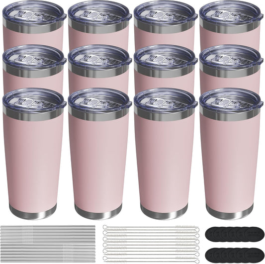 Travel Coffee Tumbler 20oz, 12 Pack Leakproof Travel Coffee Mug with Lid and Straw, Stainless Steel Double Wall Vacuum Insulated Tumbler for Hot/Iced Drinks (Textured Matte, Soft Pink)