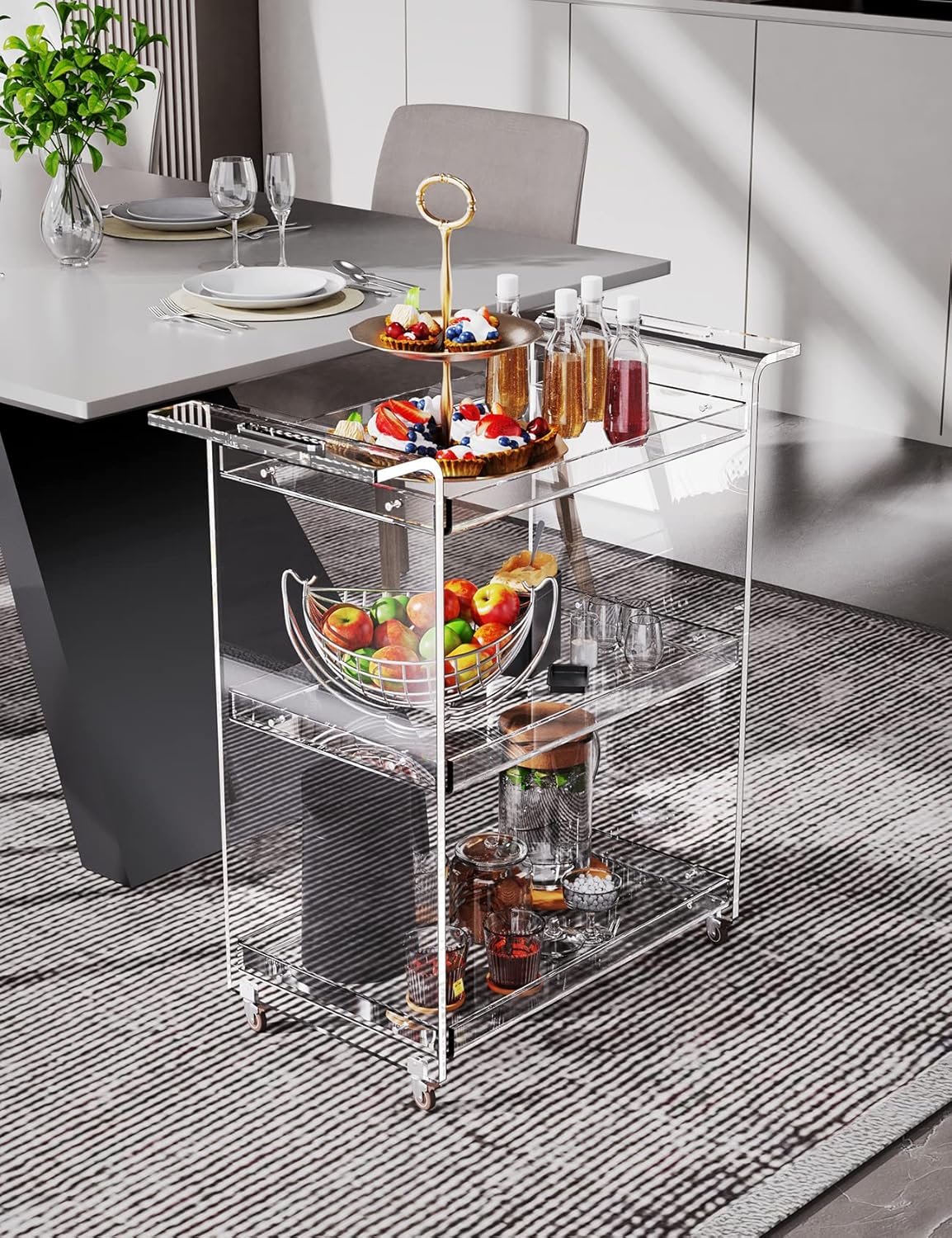 Acrylic Bar Cart, Serving Cart with Wheels Rolling Cart (Large)