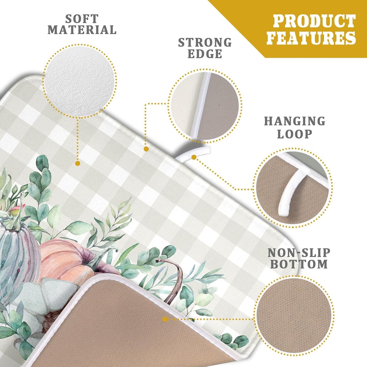 Fall Colorful Pumpkin Dish Drying Mat for Kitchen Counter,Green Leaves Drying Mat with Hanging Loop 16 x 18 Inch Microfiber Grey White Check Plaids Dish Drying Pad Dish Rack Drainer Mat for Coffee Bar