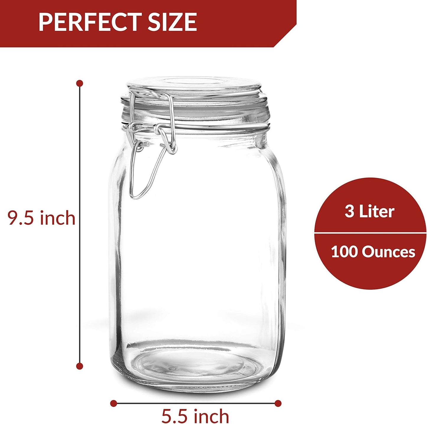Set of 2 Large Glass Mason Jar with Lid (3 Liter) | Airtight Glass Storage Container for Food, Flour, Pasta, Coffee, Candy, Dog Treats, Snacks & More | Glass Organization Canisters 100 Ounces