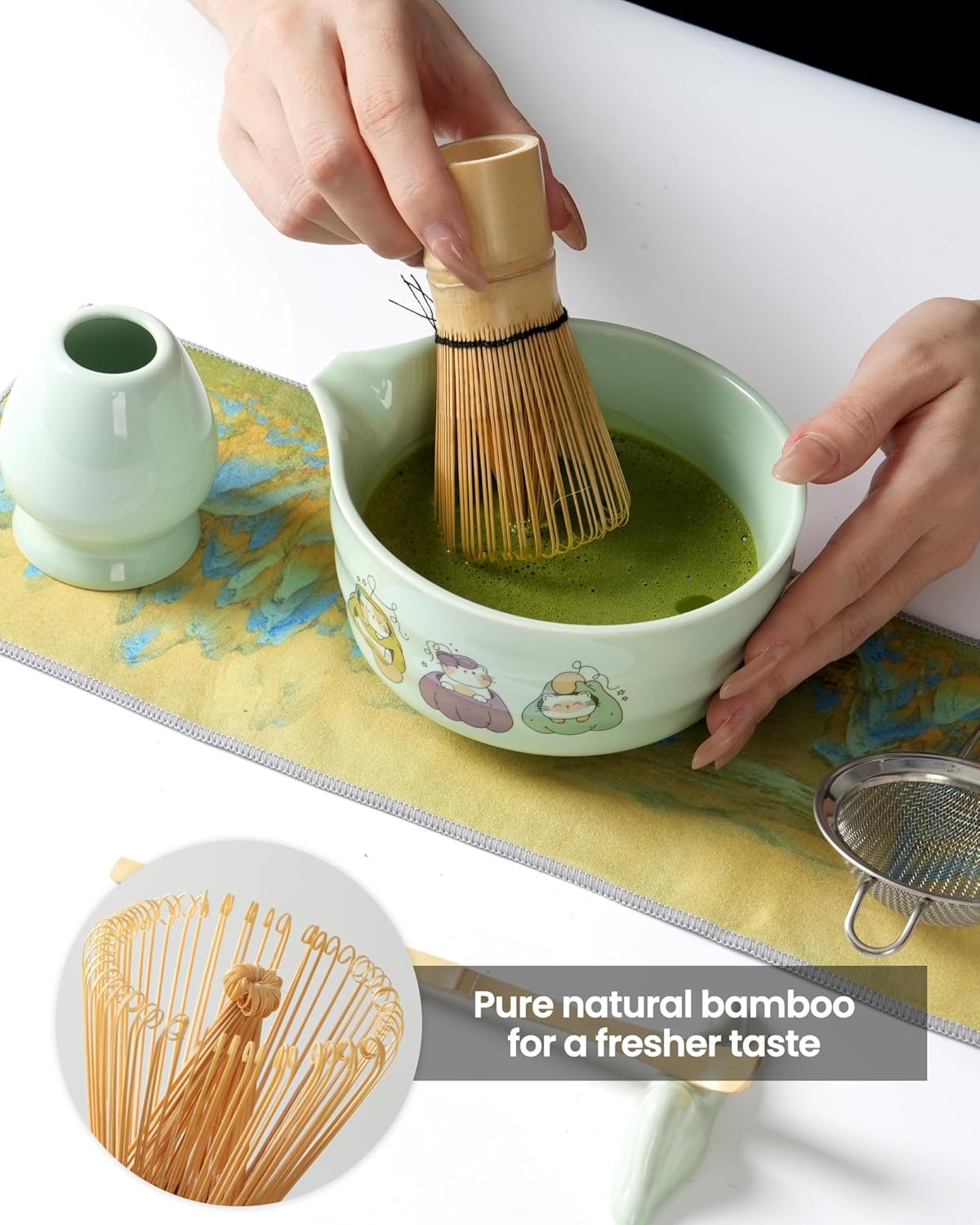 Matcha Whisk Set, 7 Pcs Japanese Matcha Kit with Ceramic Cat Print Bowl-430ml/15oz, Bamboo Whisk & Holder, Scoop, Scoop Rest, Sifter & Tea Towel, Complete Matcha Tea Set for Beginners-Green