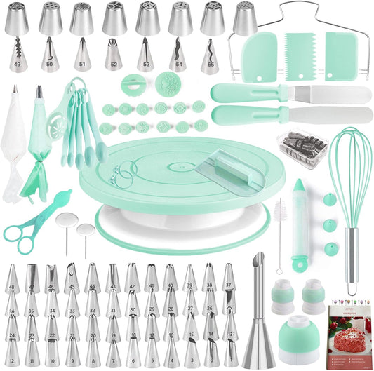 Cake Decorating Kit,137pcs Cake Decorating Supplies with Cake Turntable for Decorating,Pastry Piping Bag,Russian Piping Tips Baking Tools, Cake Baking Supplies for Beginners(Green)
