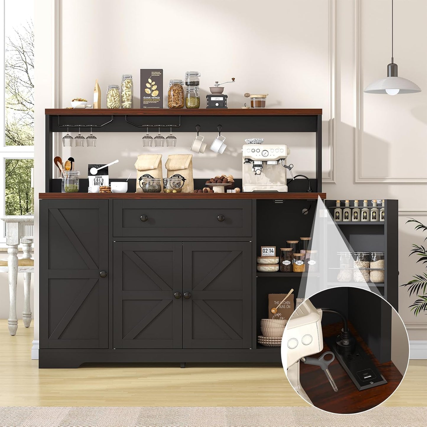 Hutch Storage Buffet Cabinet with Drawers, and Charging Station, Coffee Bar Cabinet with Barn Doors, Wine Rack and Hooks, White Wood Sideboard Buffet for Kitchen, Dining Room, 47.8" High