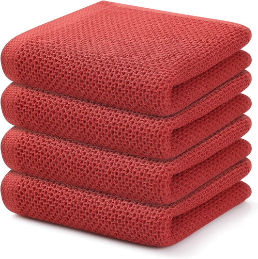 Kitinjoy 100% Cotton Waffle Weave Kitchen Towels, 4-Pack Super Soft and Absorbent Dish Towels for Drying Dishes, Kitchen Hand Towels, 13 in x 28 in, Brick Red