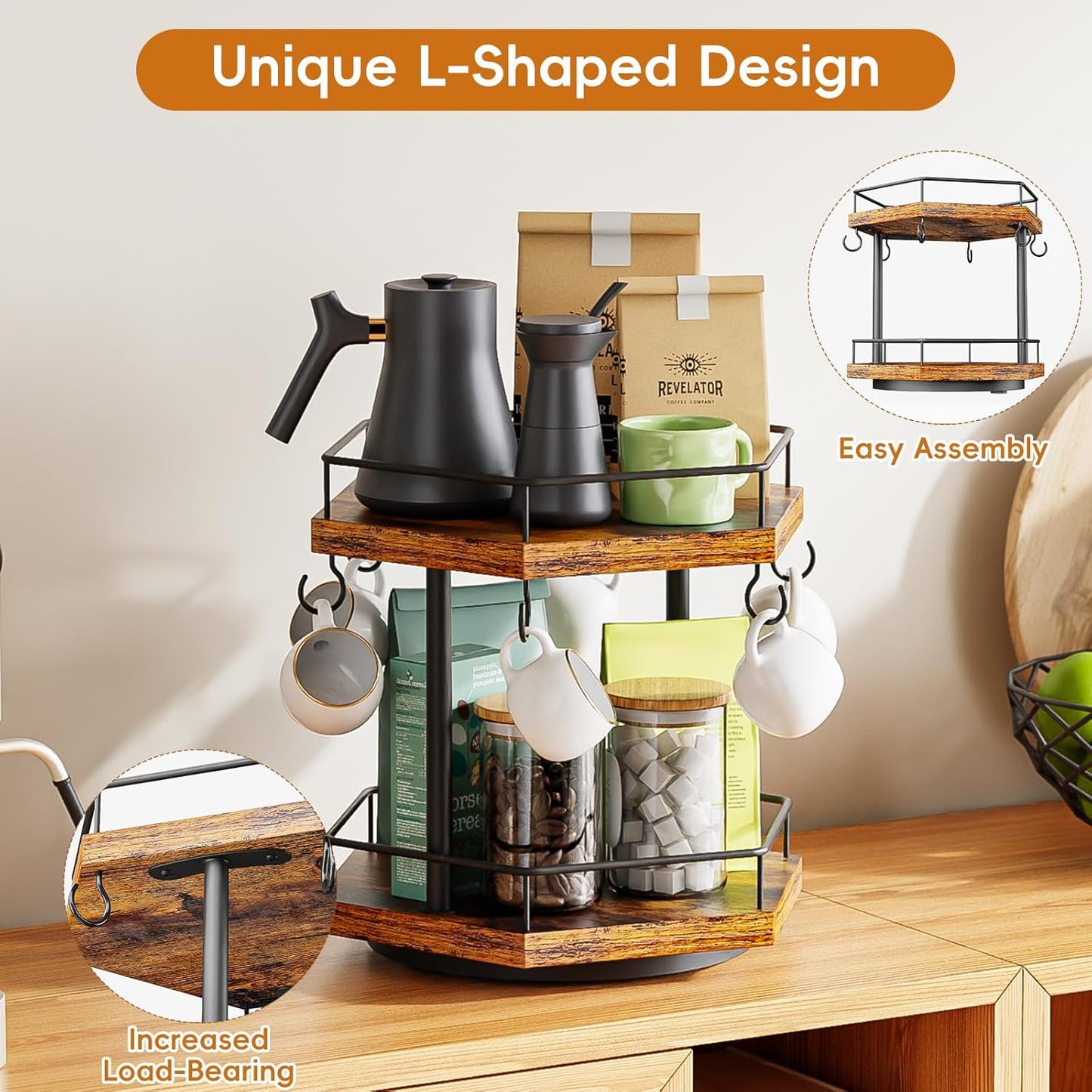 KLM 2 Tier Coffee Bar Organizer Countertop Station Shelf for Home Office, Multi-Functional Coffee Mug Cup Holder Stand, Accessory Storage Rack with 6 Hooks, 360° Rotated Coffee Cup Holder for Counter