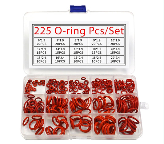 Silicone Rubber O-Ring Assortment Kit 225 Pieces 15 Sizes Metric VMQ Sealing Gasket Set for Cup Lids, Coffee Maker, Brewing Fitting, Washer, Filter, Pump, Plumbing, Hose, Gauge, Auto, Machine, Red.