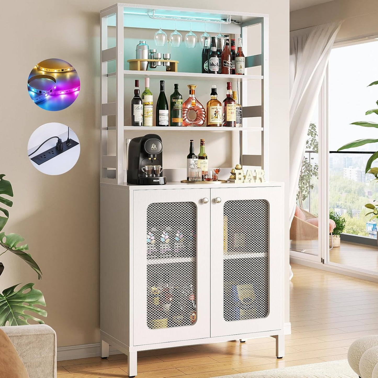 Aheaplus Bar Cabinet with Power Outlets, 67" Tall Wine Bar Cabinet Liquor Cabinet with LED Lights and Glass Holder, Coffee Bar Station for Living Room, Microwave Stand Bakers Rack Cabinet, White