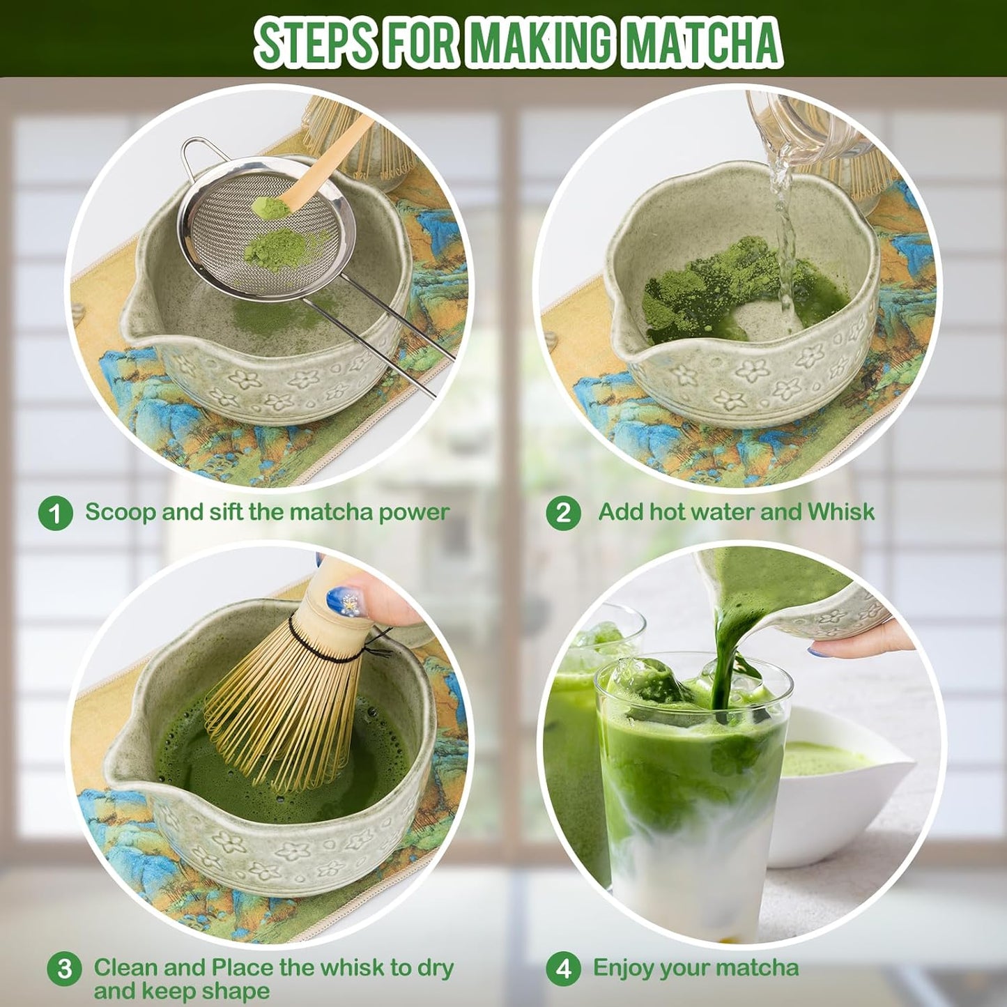 Matcha Whisk Set - 7 PCS Matcha Kit, Matcha Tea Set for Making Breakfast Green Tea Lattes - Whisk, Bowl with Spout, Whisk Holder - Gift for Tea Beginner, Friend, Daughter, Family
