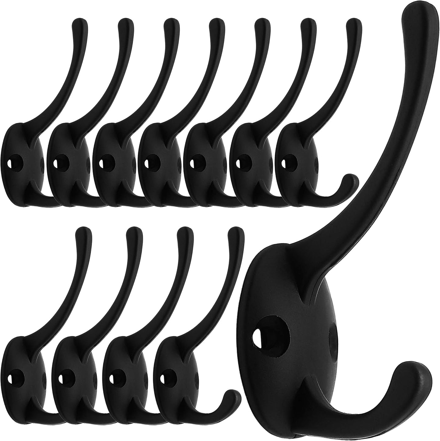 IBosins 12 Pack Black Coat Hooks Wall Mounted with 24 Screws Retro Double Hooks Utility Black Hooks for Coat, Scarf, Bag, Towel, Key, Cap, Cup, Hat