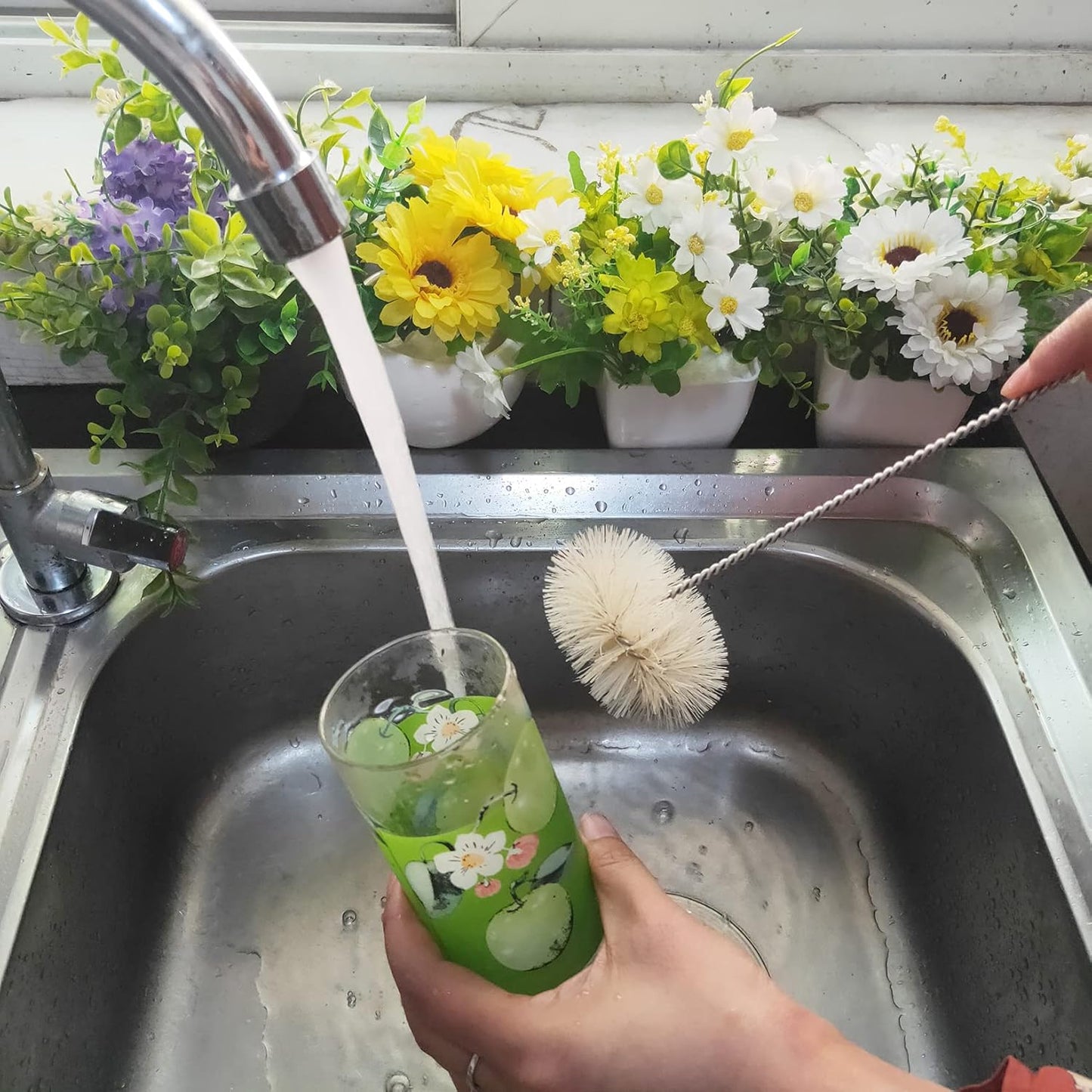 Coralpearl Bottle Brushes Thin Long Handle X 4, Skinny Wire Cleaner Set in Stainless Steel with Natural Boar Bristle at Wool Tip, Bendable Flexible for Cleaning Narrow Neck Bottles, Pipe, Tube, Hose